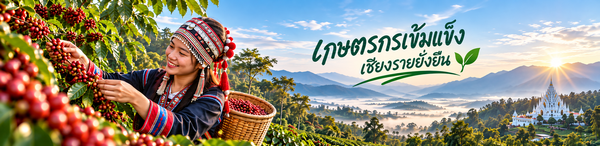 เกษตรกรเข้มแข็ง เชียงรายยั่งยืน ภาพเกษตรกรเก็บกาแฟท่ามกลางภูมิทัศน์เชียงราย